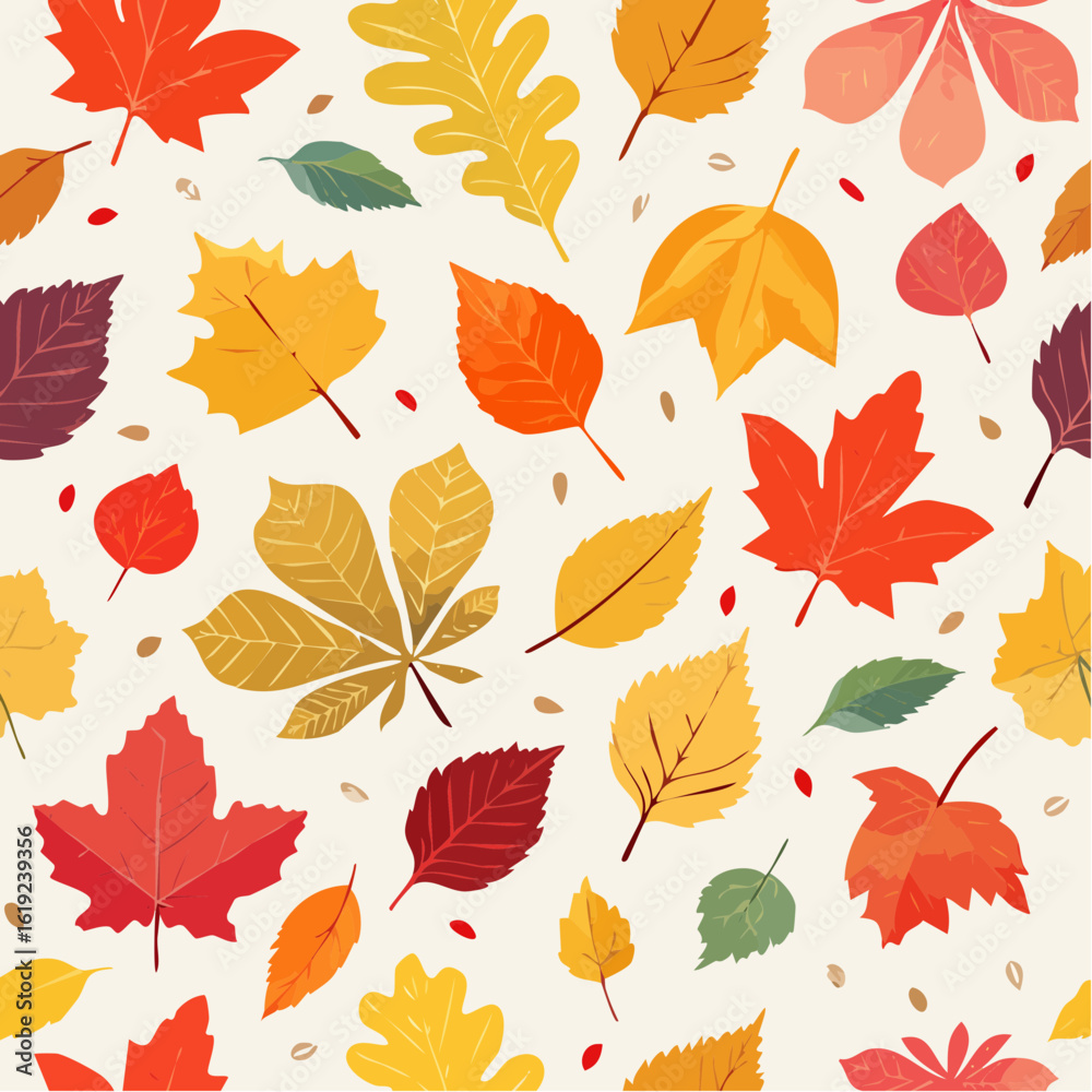 Obraz premium An overhead seamless pattern of colorful autumn leaves in various shapes and sizes, scattered on an off-white background with small seed-like elements.