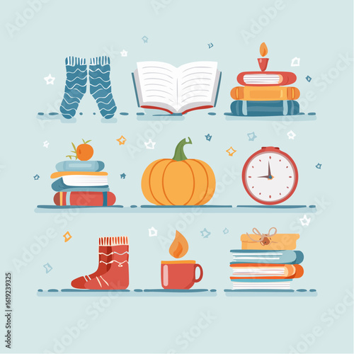Illustration showing cozy autumn elements: books, socks, pumpkin, clock, candle, and cup on shelves against a light blue background.