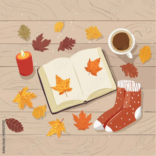 Cozy autumn scene with an open book, warm beverage, lit candle, and fallen leaves scattered on a wooden surface, alongside a pair of patterned socks.