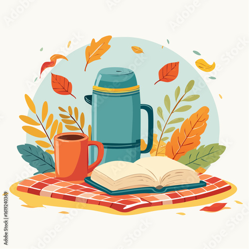 A cozy autumn picnic with a thermos, a hot drink, and an open book on a checkered blanket.