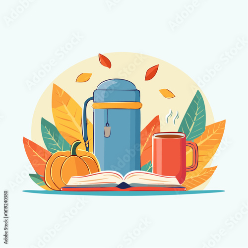 Cozy autumn scene: thermos, pumpkin, book, and warm drink.
