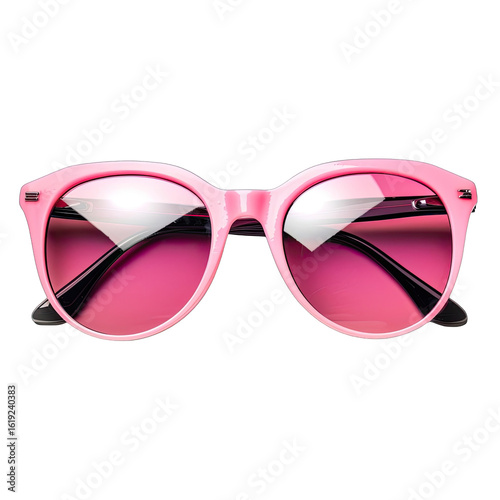 Pink round sunglasses, front view.  Glossy, vibrant pink plastic frames.  Dark lenses reflect a soft pink hue.  Black temples