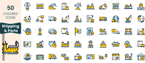 A vibrant collection of 50 colored icons illustrating shipping and ports. Perfect for logistics, maritime themes, and transportation design projects.