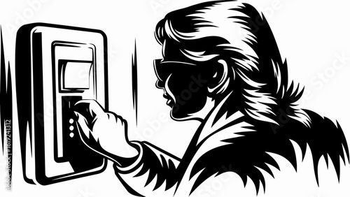 Person with sunglasses using a biometric time clock for attendance tracking and access control system device silhouette