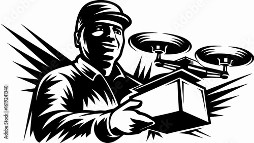 Delivery man with drone holding package in black and white retro woodcut style with burst background silhouette