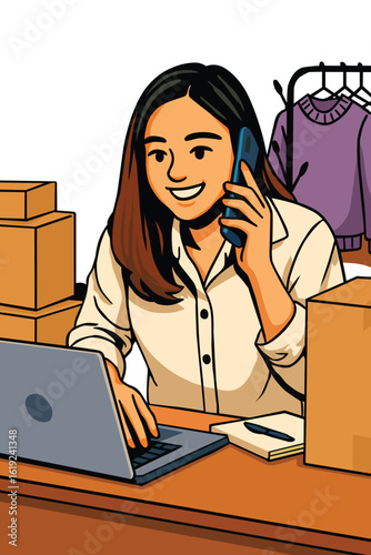 Vector Illustration of Woman Running Online Business from Home E-commerce Entrepreneur Working on Laptop, Managing Orders, and Talking on Phone with Clients in Modern Small Business Concept