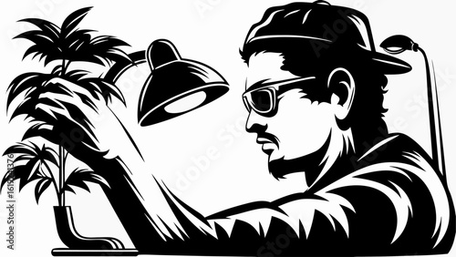 Illustration of a man with a cap and sunglasses tending to a plant under a lamp in black and white silhouette