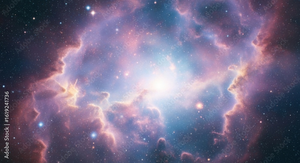 Fototapeta premium Colorful Nebula Galaxy Space Scene with Bright Center and Starry Background