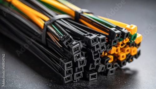 A close-up of a bundled collection of plastic cable ties in assorted colors