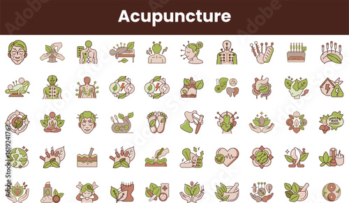 A diverse collection of acupuncture-related icons featuring human figures, nature elements, and healing symbols, in soft earthy tones that reflect wellness and balance.