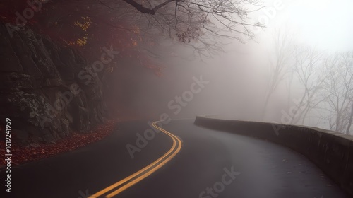 Winding road through a foggy autumnal landscape.