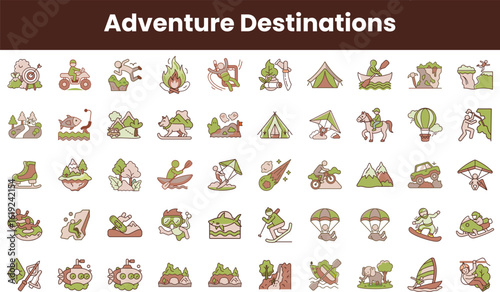 A vibrant collection of illustrated adventure destination icons depicting various outdoor activities, perfect for travel and adventure enthusiasts.
