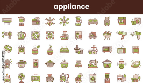 A colorful collection of various kitchen appliances, showcasing a range of items like blenders, mixers, and cookware in modern designs.