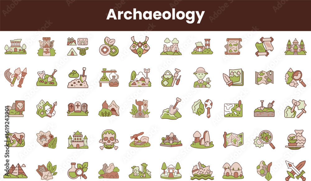 Fototapeta premium A vibrant collection of archaeology-themed icons showcasing tools, ancient artifacts, exploration, and excavation, perfect for educational or creative projects.