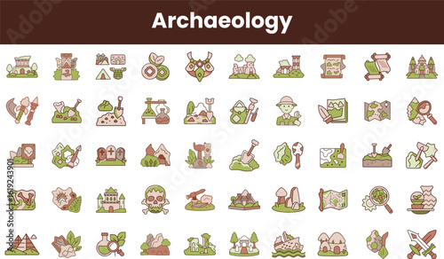A vibrant collection of archaeology-themed icons showcasing tools, ancient artifacts, exploration, and excavation, perfect for educational or creative projects.