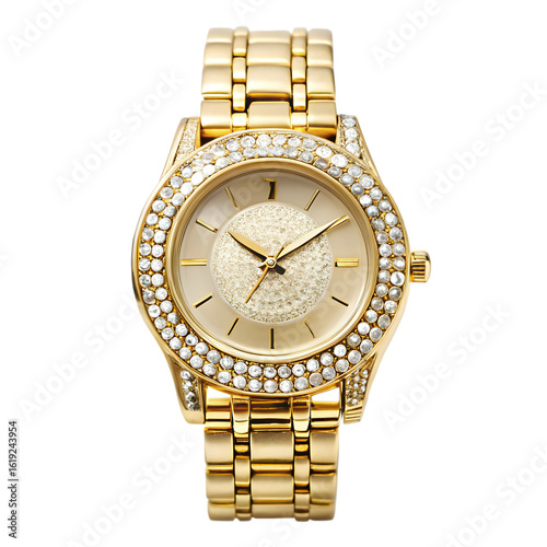 Luxury gold watch with diamonds isolated on transparent background
