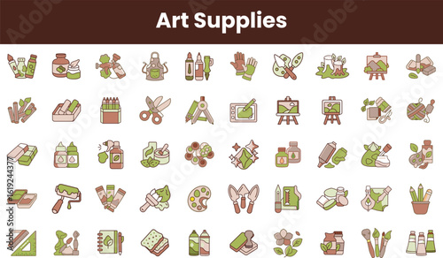 A vibrant collection of art supplies including paints, brushes, palettes, and tools, capturing the essence of creativity and artistic expression.