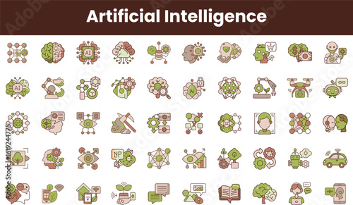 A vibrant collection of icons representing artificial intelligence, showcasing concepts like machine learning, robotics, and data processing in a modern design.