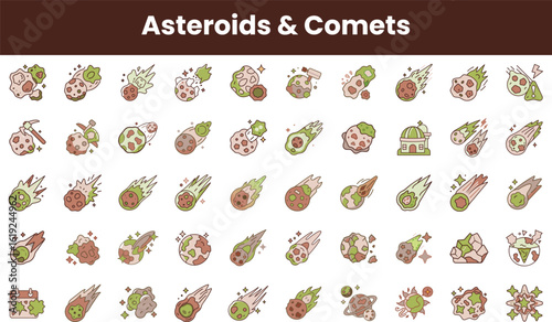 A vibrant collection of illustrated asteroids and comets, showcasing various shapes and colors with playful details, perfect for space-themed projects.