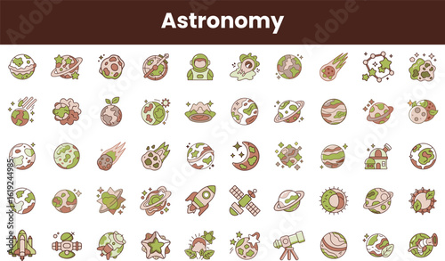 A vibrant collection of astronomy-themed icons, featuring planets, asteroids, and telescopes, ideal for space enthusiasts and educational materials.