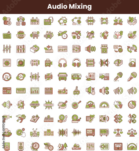 A vibrant collection of audio mixing icons, featuring various symbols such as microphones, speakers, mixers, and headphones, perfect for music and audio production themes.