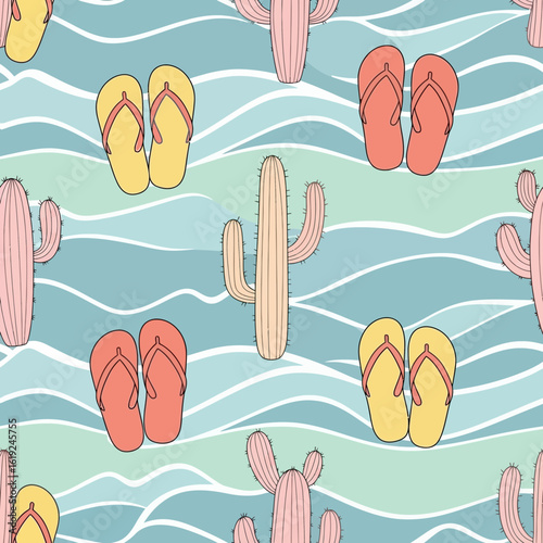 Seamless pattern with cute cartoon cacti and colorful flip-flops on a wavy background.