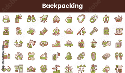 A collection of colorful backpacking icons featuring camping gear, cookware, and outdoor essentials, ideal for adventurous spirits and nature enthusiasts.