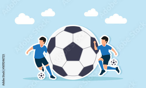 Two football players playing near a giant ball illustration of football strategy and playing tactics