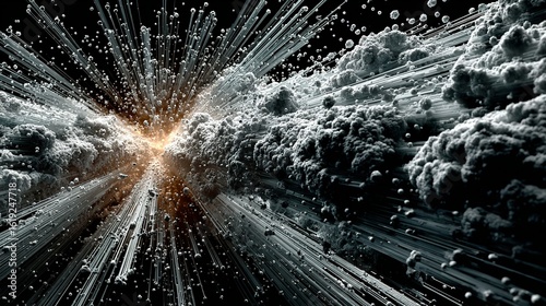 Abstract Explosion of Cosmic Dust and Energy, Dark Background, 3D Render.