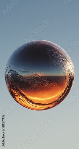 Sunset reflection in sphere, outdoors, clear sky, artistic render, website header