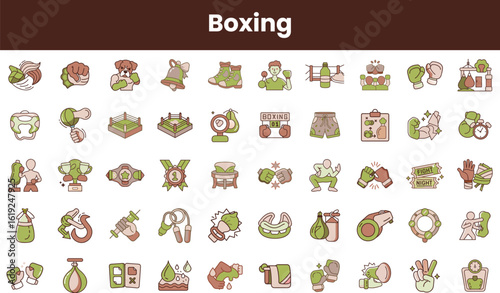 A colorful collection of boxing icons, featuring gloves, rings, trophies, and training equipment, representing the spirit and energy of the sport.