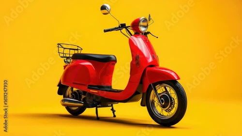 This image features a red scooter with a vibrant yellow background, highlighting the motorcycle's color and design.