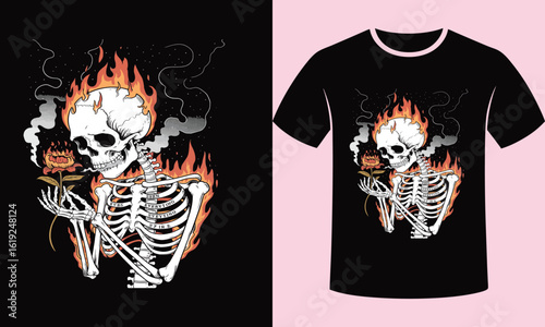 Burning skeleton holding a flower with flames and smoke fire
