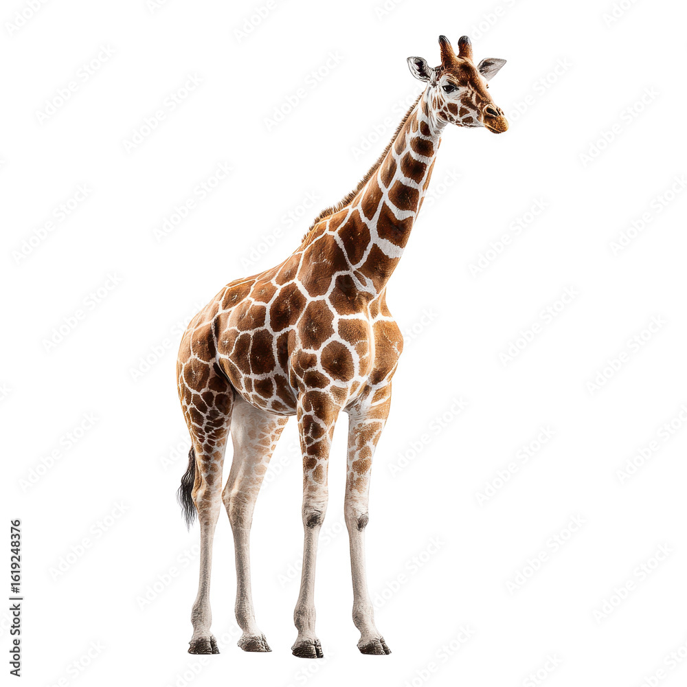 A full-body shot of a giraffe standing against a pure black background., vector graphic A full-body shot of a giraffe standing against a pure black background., vector graphic
