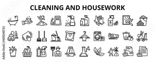 30 Cleaning and Housework Line Icons Vector - detergent, sprayer, broom, mop, laundry, cleaning service, vacuum cleaner, wipe, document cleaning, data cleansing