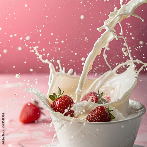 Dynamic Milk Splash with Fresh Strawberries on Pink Background