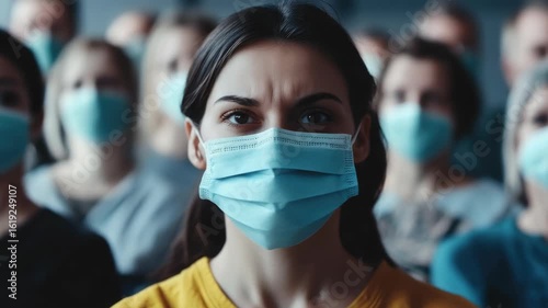 A female figure in a crowd wearing a surgical mask