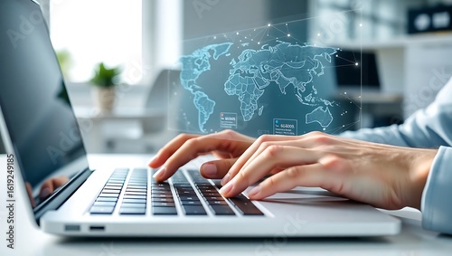 Closeup of a person's hands typing on a laptop, engaging with a futuristic digital interface showing a global network map.