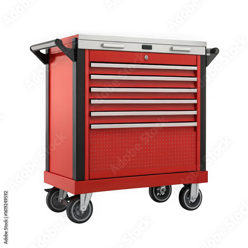 Red rolling tool chest with multiple drawers and silver accents isolated on transparent background