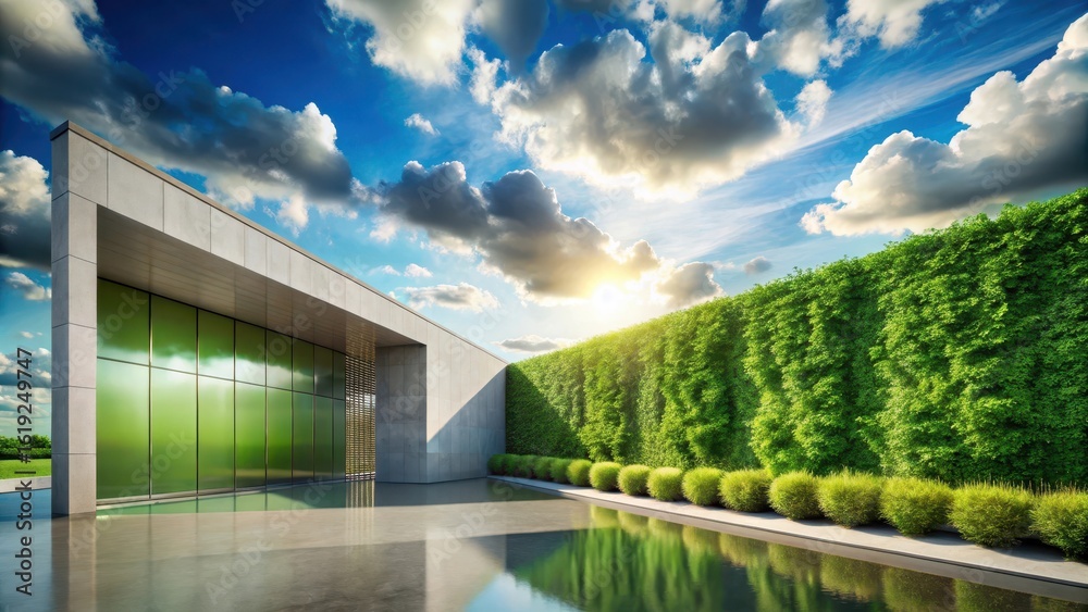Fototapeta premium Modern Architectural Design Featuring a Verdant Living Wall and Reflective Pool Under a Bright Sunny Sky