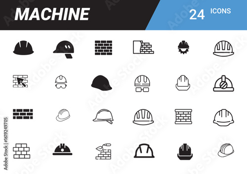 Machine Icon Set: A comprehensive collection of machine icons, encompassing safety equipment, industrial tools, and construction elements.