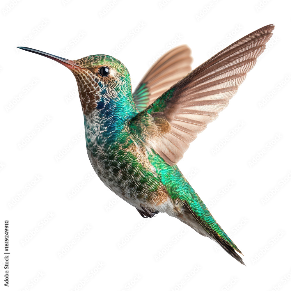 Obraz premium A vibrant hummingbird hovers with outstretched wings against a black backdrop., clip art illustration