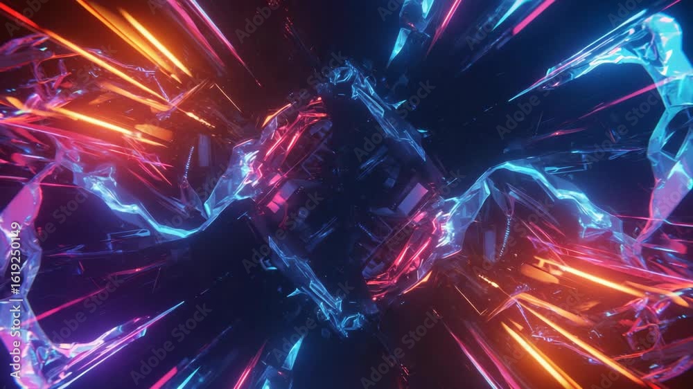 Abstract Energy Burst, Neon Light Trails, Digital Space, Illustration, Futuristic Sci‑Fi, Centered View, Motion and Symmetry Concept