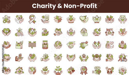 A collection of colorful icons representing charity and non-profit organizations, showcasing themes of generosity, community support, and helping hands.