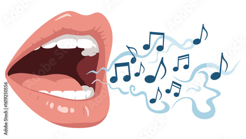 Singing voice illustration featuring an open mouth with musical notes in vector format for