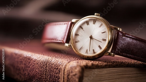 Antique gold wristwatch with brown leather band resting on a book.
