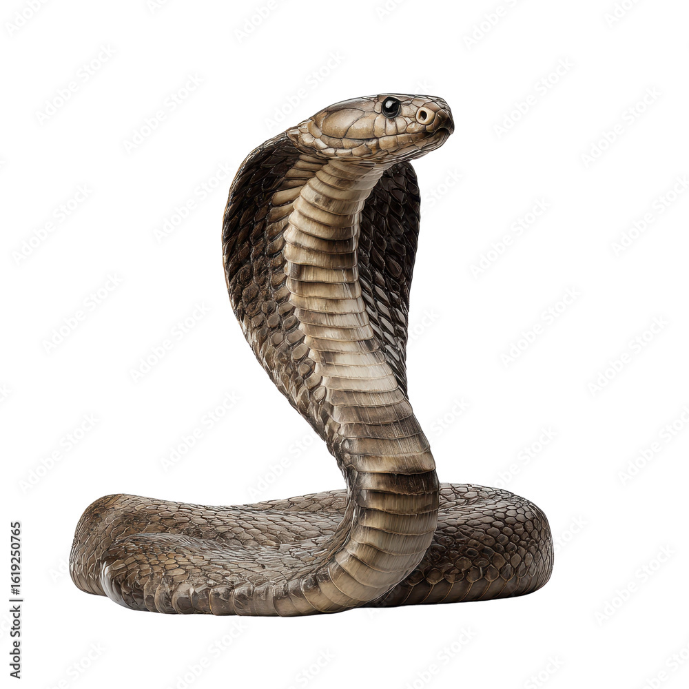 Fototapeta premium Striking studio shot of a cobra in its defensive posture against a stark black background., vector graphic