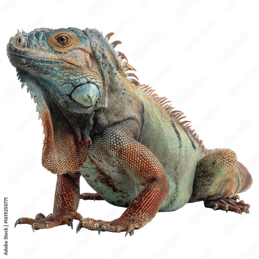 Obraz premium Striking studio shot of a vibrant green and orange iguana against a black background., vector graphic