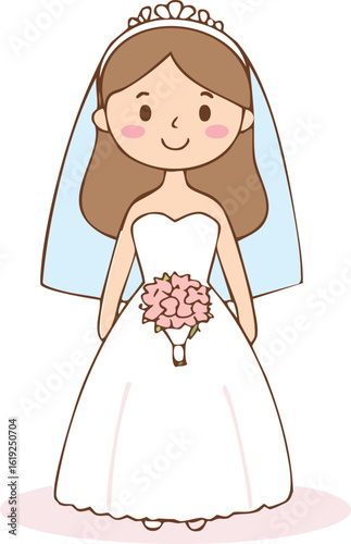 A charming cartoon bride, elegantly dressed in a white gown, holds a bouquet, ready for her wedding.