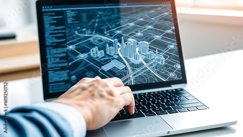 Engineer analyzing a digital twin of a smart city on a laptop. A high-quality, realistic photo of a professional working with futuristic architectural software.